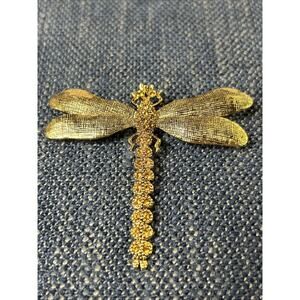 Fashion Brooch Pin Dragonfly Insect Amber Rhinestone Gold Tone Metal 2.5”